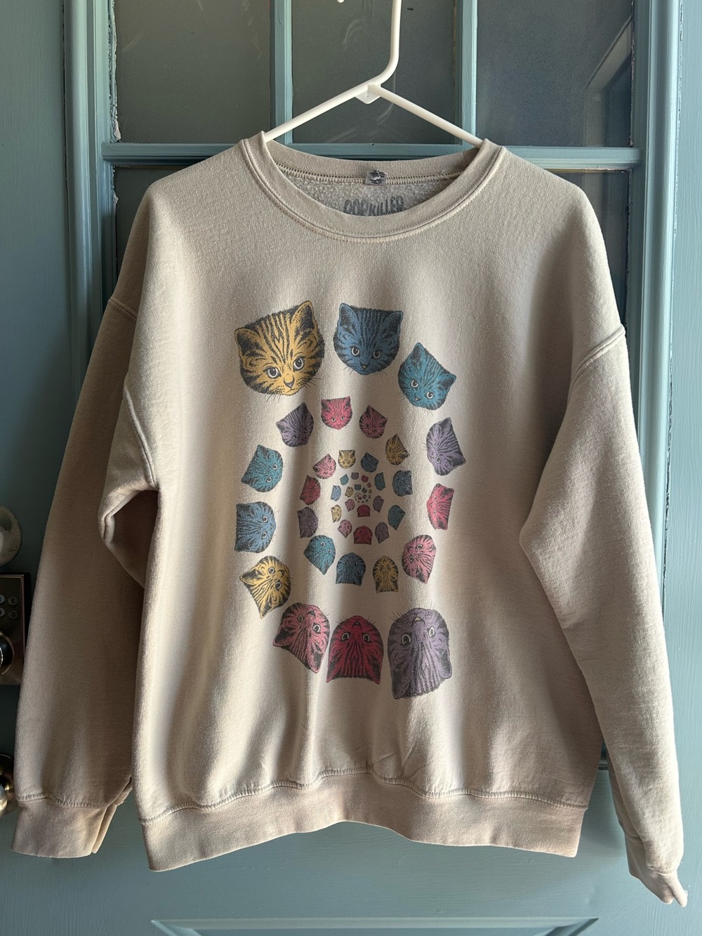 Pop Killer Spiral Cats Pullover Crewneck Sweatshirt Sand Tan Kitty Cat Large